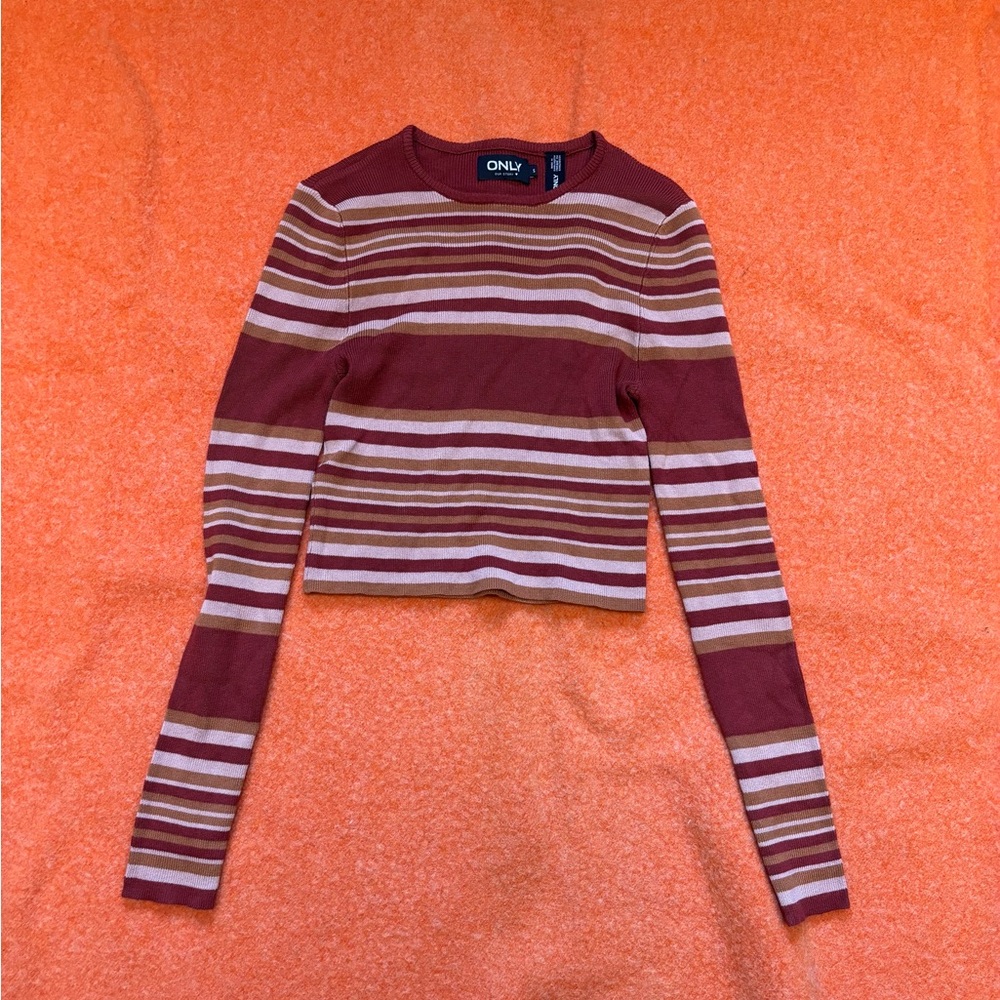ONLY Striped Rust, Cream & Tan Long-Sleeve Cropped Top